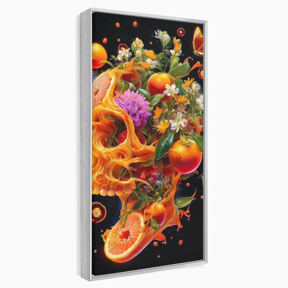 Tablou canvas cu tablou canvas cu craniu din portocale, in rama de aluminiu argintiu